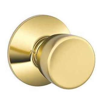 Schlage F10 BEL 605 Passage Knob Metal Bright Brass 2-3/8 2-3/4 in Backset 1-3/8 to 1-3/4 in Thick Door