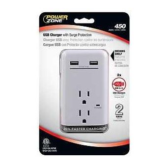 PowerZone ORUSB342S USB Charger 2-Pole 125 V 15 A 2-Outlet 450 Joules Energy